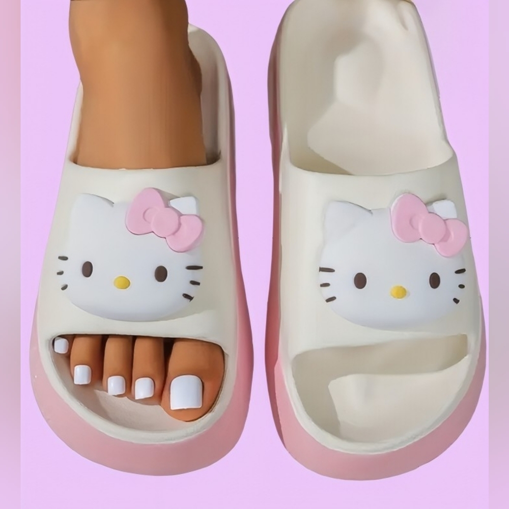 Hello Kitty Cloud Slides Sandals Pink And White With 3D Kitty